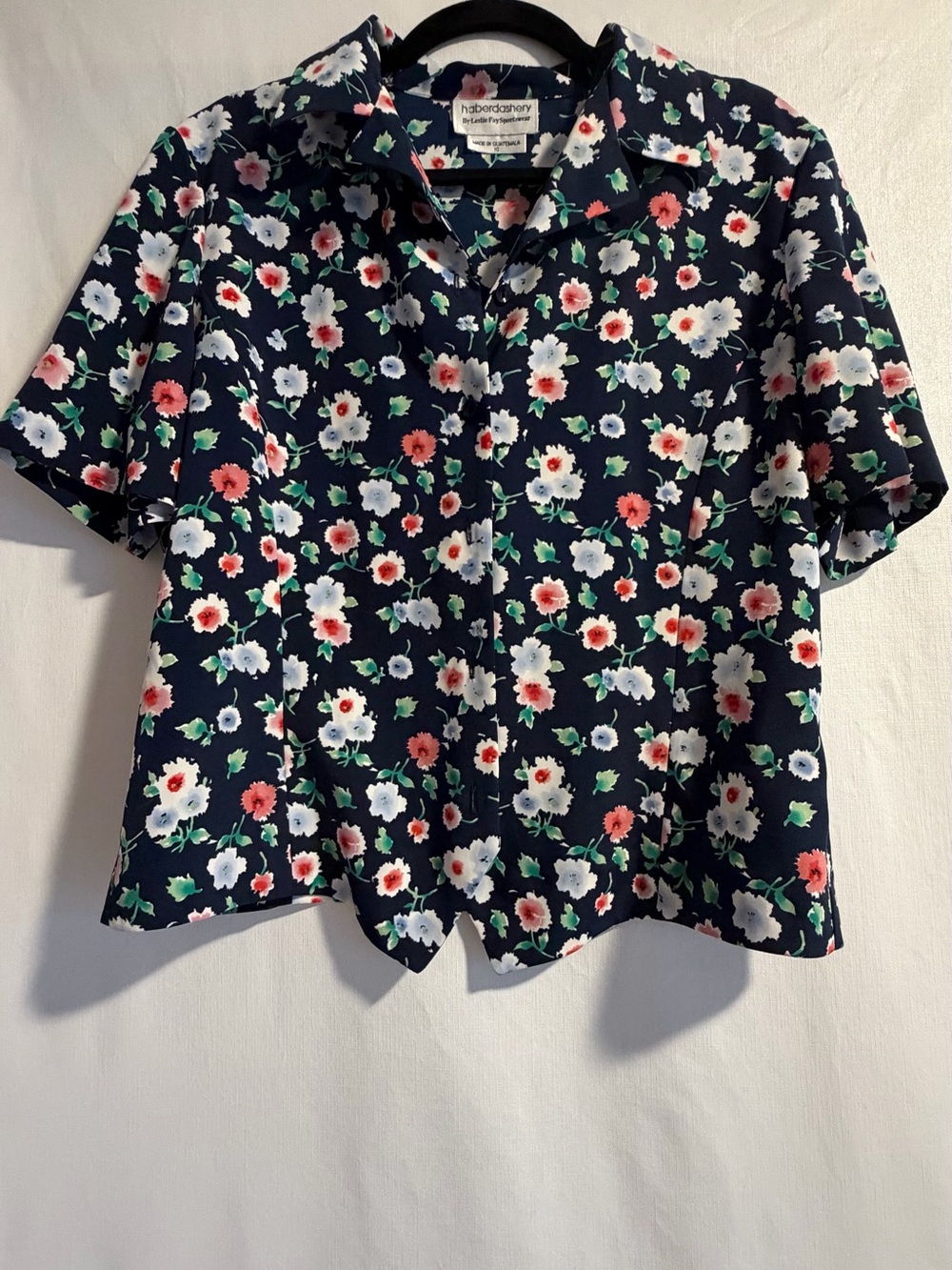 Leslie Fay Navy Floral Blouse with Pink & Green Accents